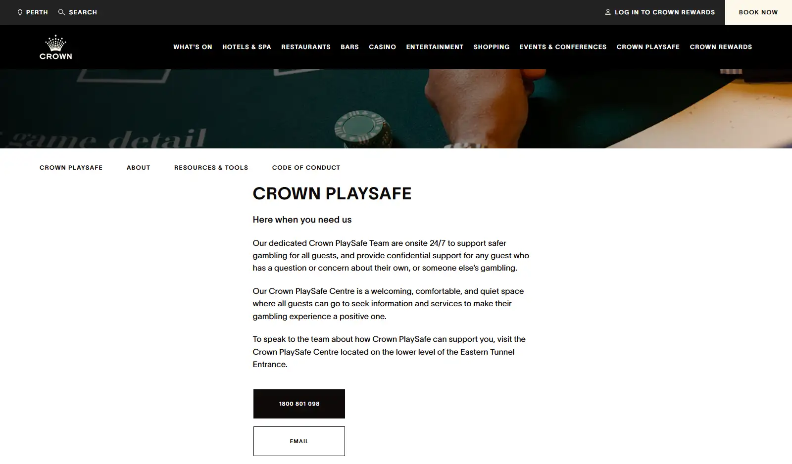 Current Crown Perth PlaySafe page showing safer gambling resources and support